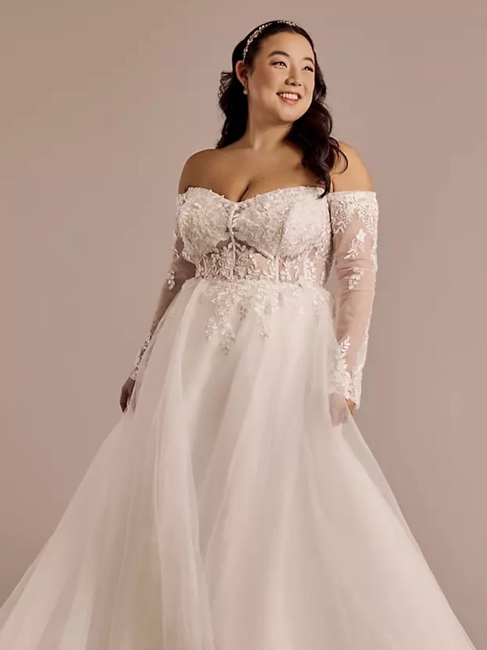 David's Bridal Off-Shoulder Lace Appliqué Wedding Dress in White